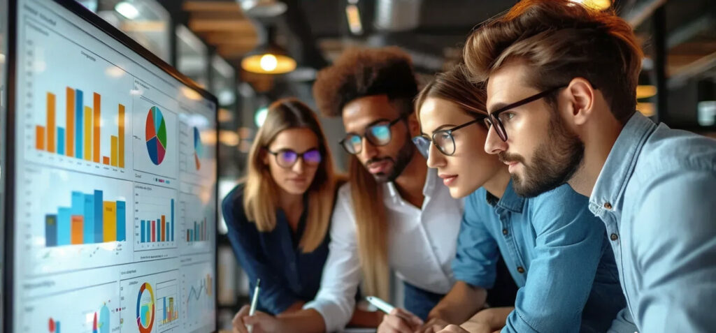 A graphic illustrating a team of designers analyzing data and making notes on a whiteboard to improve user experience.